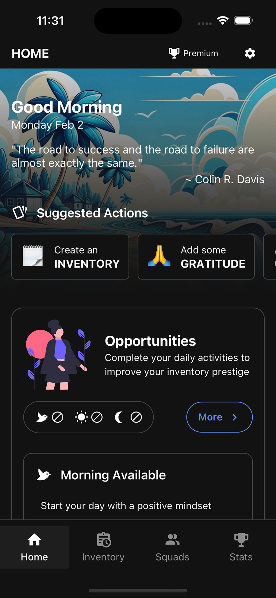 My Tenth Step app showing daily check-in, mood tracker, and morning beach theme